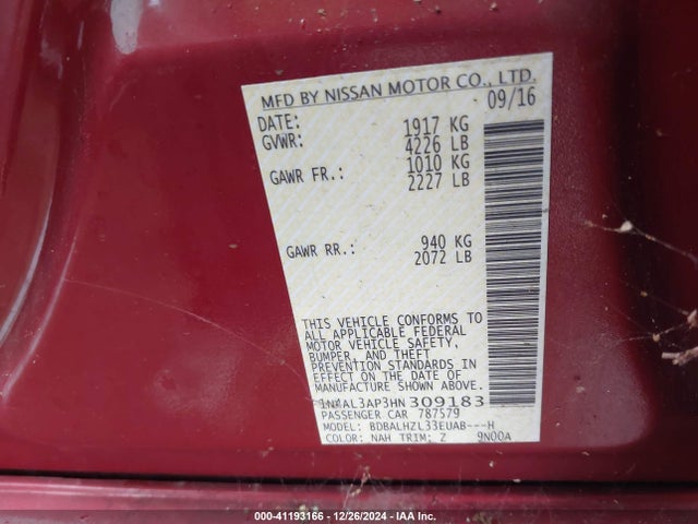 1N4AL3AP3HN309183 Nissan Altima 2.5 Sr