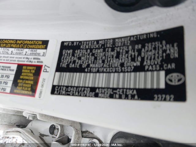 Продажа на аукционе авто 2012 Toyota Camry Se, vin: 4T1BF1FKXCU151507, номер лота: 41193197