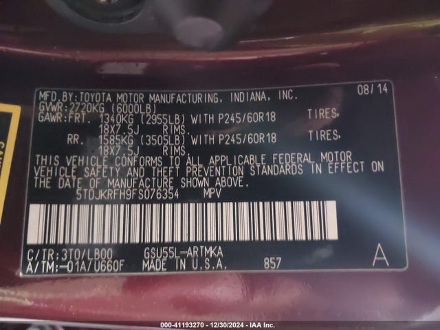 Toyota Highlander Xle V6 2015 5TDJKRFH9FS076354 Image 9