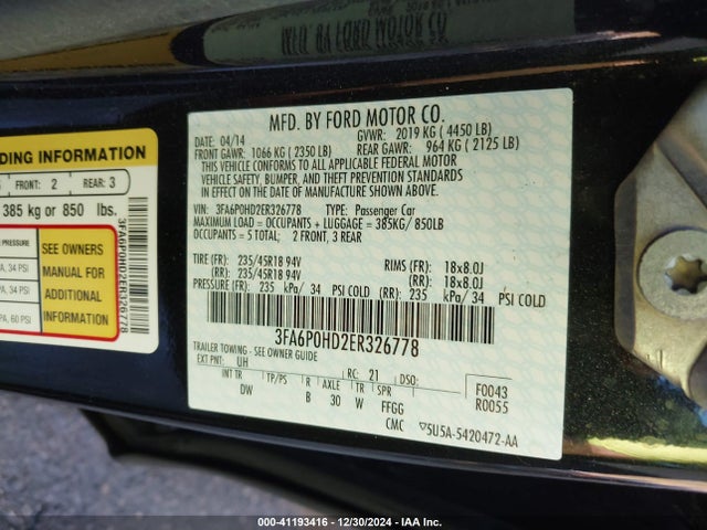Ford FUSION SE 2014 3FA6P0HD2ER326778 Image 9