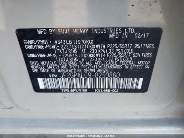 JF2GPALC9H8250860 Subaru Crosstrek 2.0i Limited