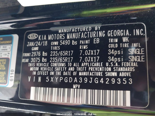 KIA Sorento 2.4l Lx 2018 5XYPGDA39JG429353 Image 9
