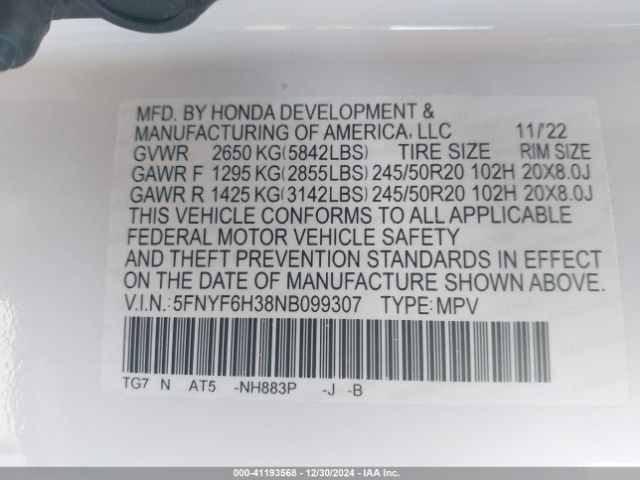 5FNYF6H38NB099307 Honda Pilot Awd Sport