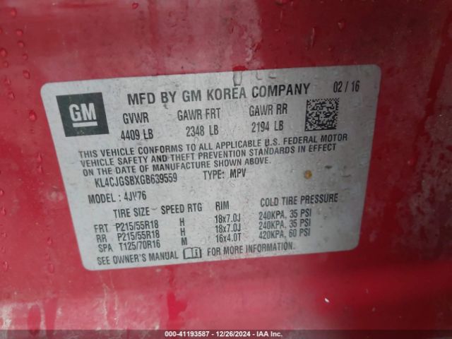 KL4CJGSBXGB639559 Buick Encore Leather