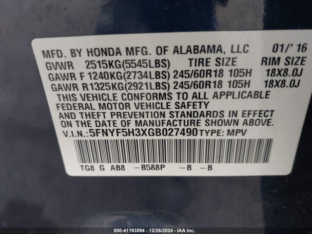 Honda Pilot Ex 2016 5FNYF5H3XGB027490 Image 9
