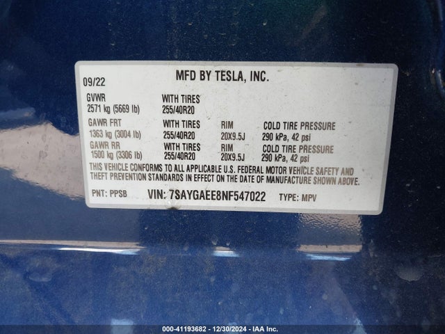 2022 TESLA MODEL Y 7SAYGAEE8NF547022 Photo 8