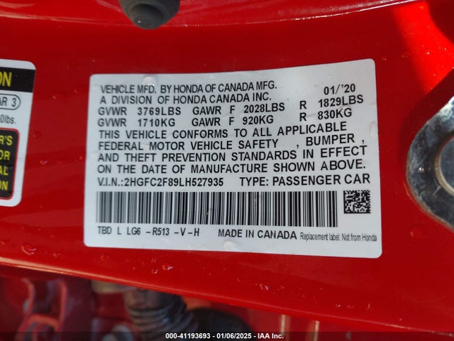 Honda k20c2 2020 2HGFC2F89LH527935 Image 9