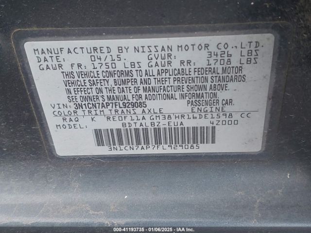 Nissan Versa 1.6 Sv 2015 3N1CN7AP7FL929085 Image 9
