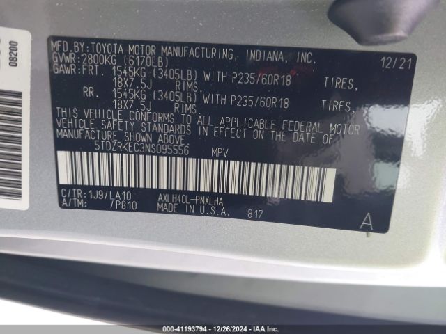 5TDZRKEC3NS095556 Toyota Sienna Limited