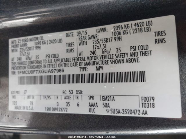 1FMCU0F7XGUA97986 Ford ESCAPE S