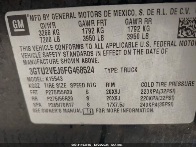 3GTU2VEJ6FG468524 GMC Sierra 1500 Slt