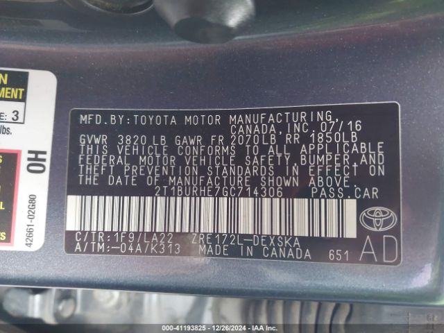 2T1BURHE7GC714306 Toyota Corolla S Premium