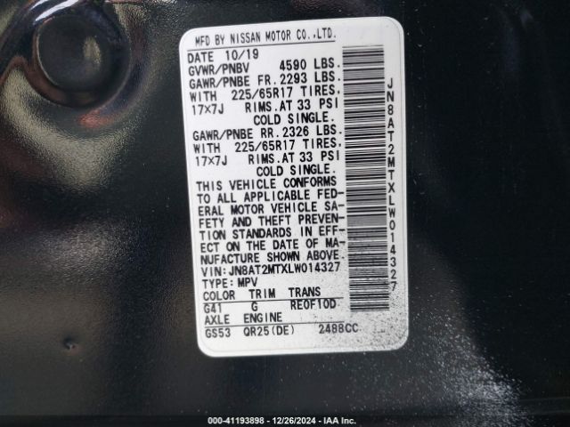 JN8AT2MTXLW014327 Nissan Rogue Sv Fwd