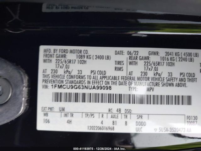 1FMCU9G63NUA99098 Ford ESCAPE SE