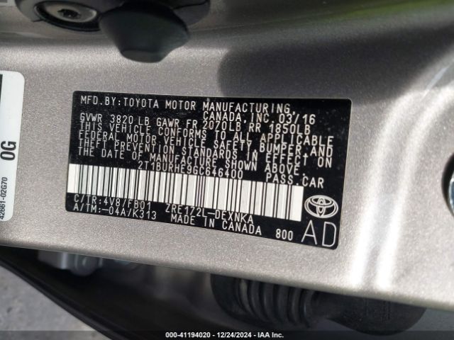 2T1BURHE9GC646400 Toyota COROLLA LE