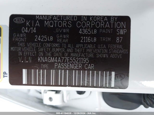KIA Optima Lx 2014 KNAGM4A77E5521195 Image 9