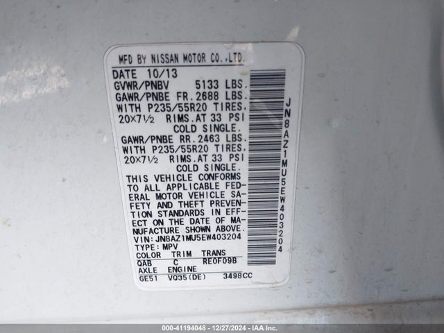 Nissan Murano Le 2014 JN8AZ1MU5EW403204 Image 9
