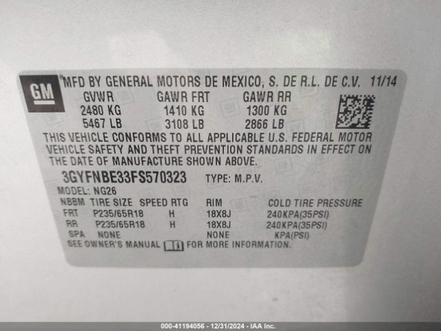 3GYFNBE33FS570323 Cadillac Srx Luxury Collection
