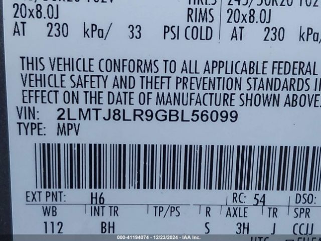 2LMTJ8LR9GBL56099 Lincoln Mkx Reserve