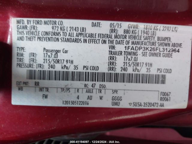 1FADP3K26FL312964 Ford FOCUS SE