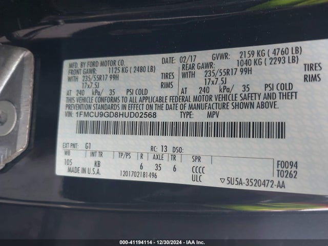 Ford ESCAPE SE 2017 1FMCU9GD8HUD02568 Image 9