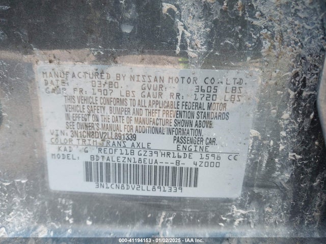 3N1CN8DV2LL891339 Nissan Versa S Xtronic Cvt