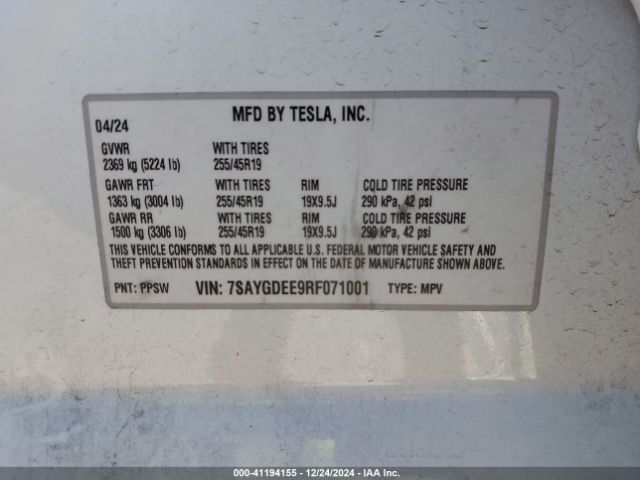7SAYGDEE9RF071001 Tesla Model Y Long Range Dual Motor All-wheel Drive
