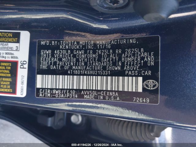 4T1BD1FK6HU215331 Toyota Camry Hybrid Le