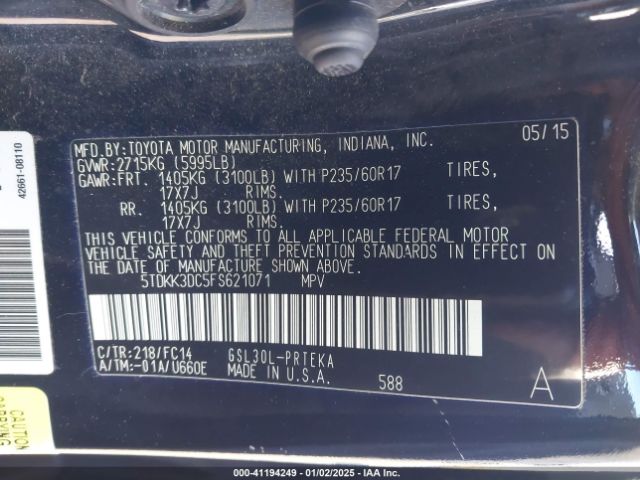 5TDKK3DC5FS621071 Toyota Sienna Le 8 Passenger