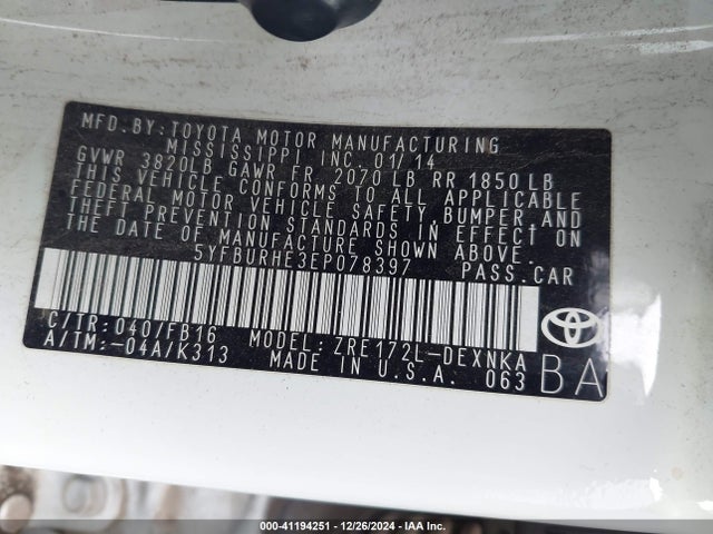 5YFBURHE3EP078397 Toyota COROLLA LE