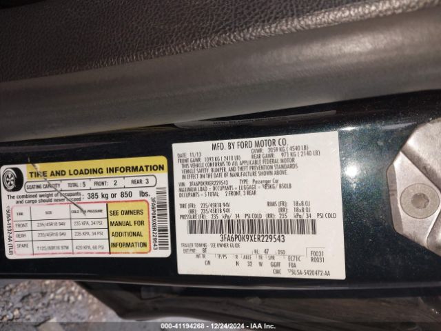 3FA6P0K9XER229543 Ford Fusion Titanium