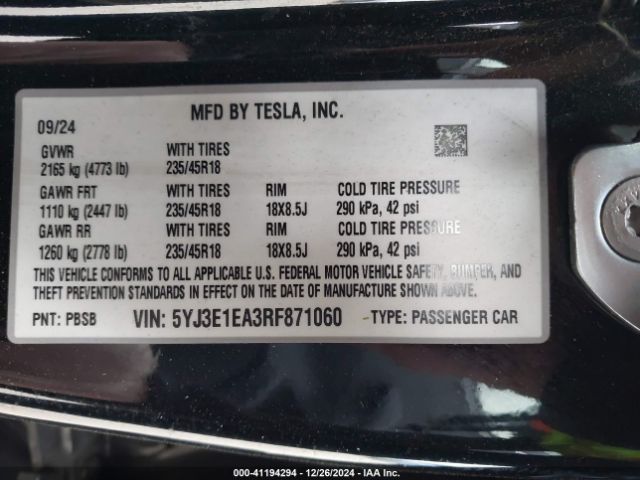 5YJ3E1EA3RF871060 Tesla Model 3 Long Range Dual Motor All-wheel Drive/rear-wheel Drive