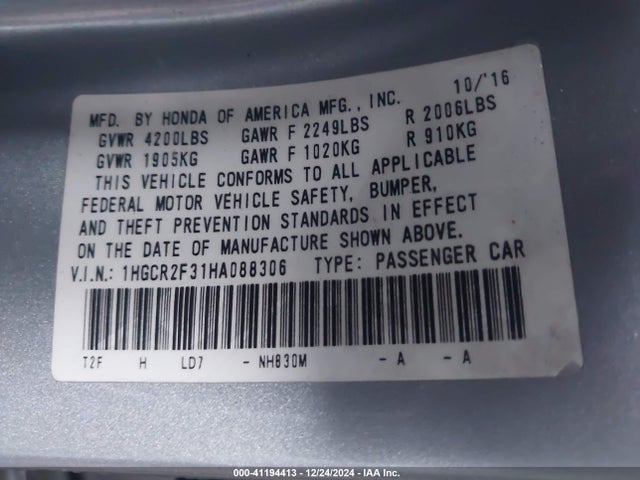 Honda ACCORD LX 2017 1HGCR2F31HA088306 Image 9