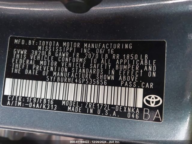 5YFBURHE4GP535656 Toyota COROLLA LE