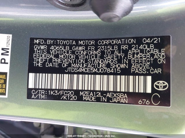 Toyota COROLLA SE 2021 JTDS4MCE5MJ078415 Image 9