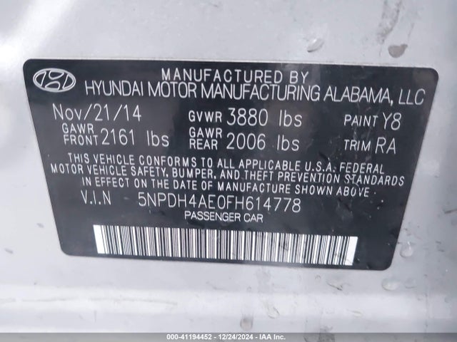 Hyundai ELANTRA SE 2015 5NPDH4AE0FH614778 Image 9