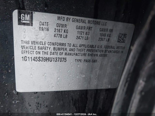 Chevrolet IMPALA 2LZ 2017 1G1145S39HU137075 Image 9