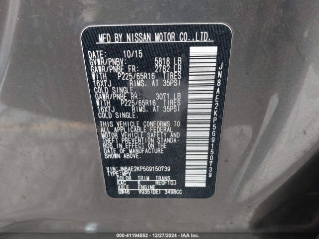 JN8AE2KP5G9150739 Nissan Quest Platinum/s/sl/sv