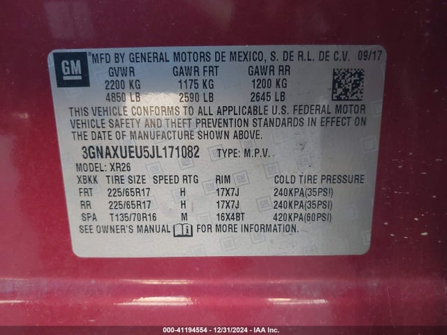 Chevrolet EQUINOX LT 2018 3GNAXUEU5JL171082 Image 9