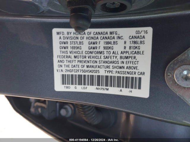 Honda CIVIC EX 2016 2HGFC2F75GH542025 Image 9