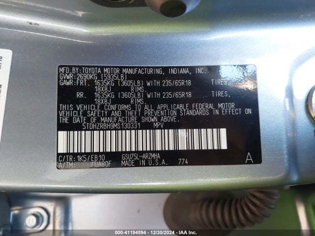 Toyota Highlander Xle 2021 5TDHZRBH9MS130331 Image 9