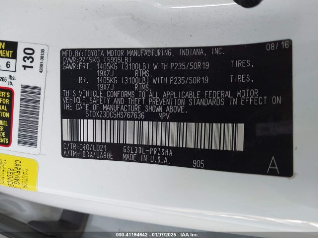 5TDXZ3DC5HS767636 Toyota Sienna Se 8 Passenger