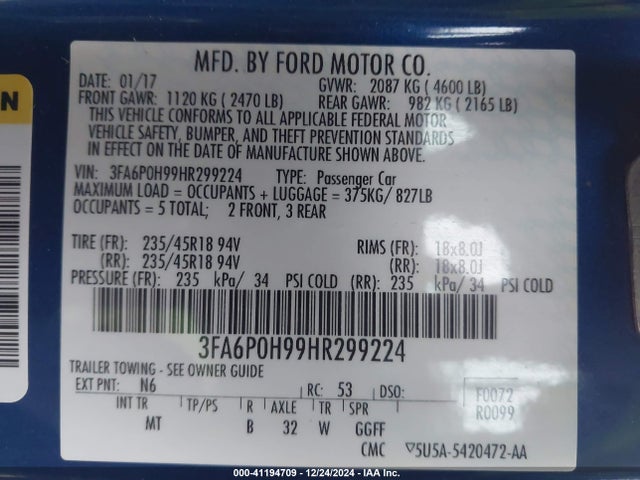 Ford FUSION SE 2017 3FA6P0H99HR299224 Image 9