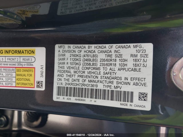 2HKRS3H72RH313619 Honda Cr-v Ex-l 2wd