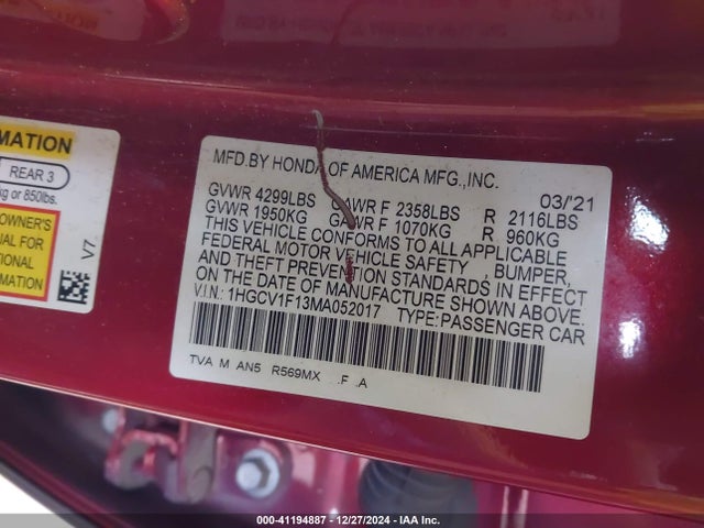 Honda ACCORD LX 2021 1HGCV1F13MA052017 Image 9
