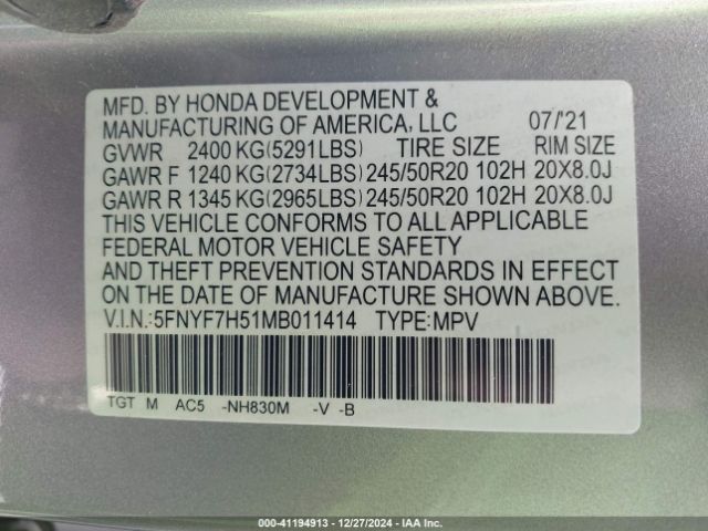 5FNYF7H51MB011414 Honda Passport 2wd Ex-l