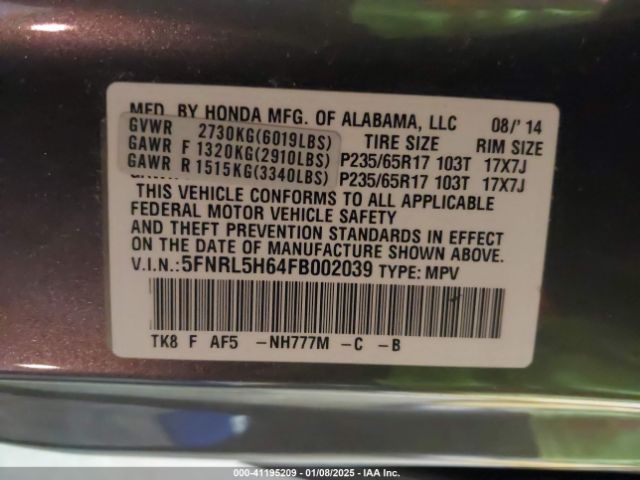 5FNRL5H64FB002039 Honda Odyssey Ex-l