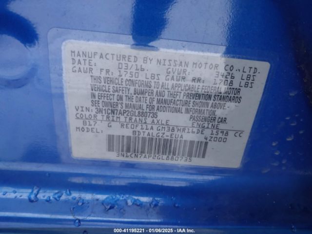 3N1CN7AP2GL880735 Nissan Versa 1.6 Sl