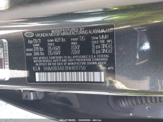5NMJB3AE3NH017750 Hyundai TUCSON SEL