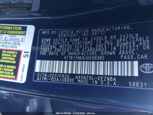 4T1B11HK9JU509382 Toyota CAMRY LE